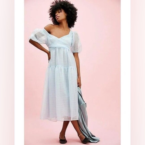 NEW FREE PEOPLE BLUE HAILEY PUFF SLEEVE OPEN BACK MIDI DRESS SIZE 0 - Picture 1 of 3